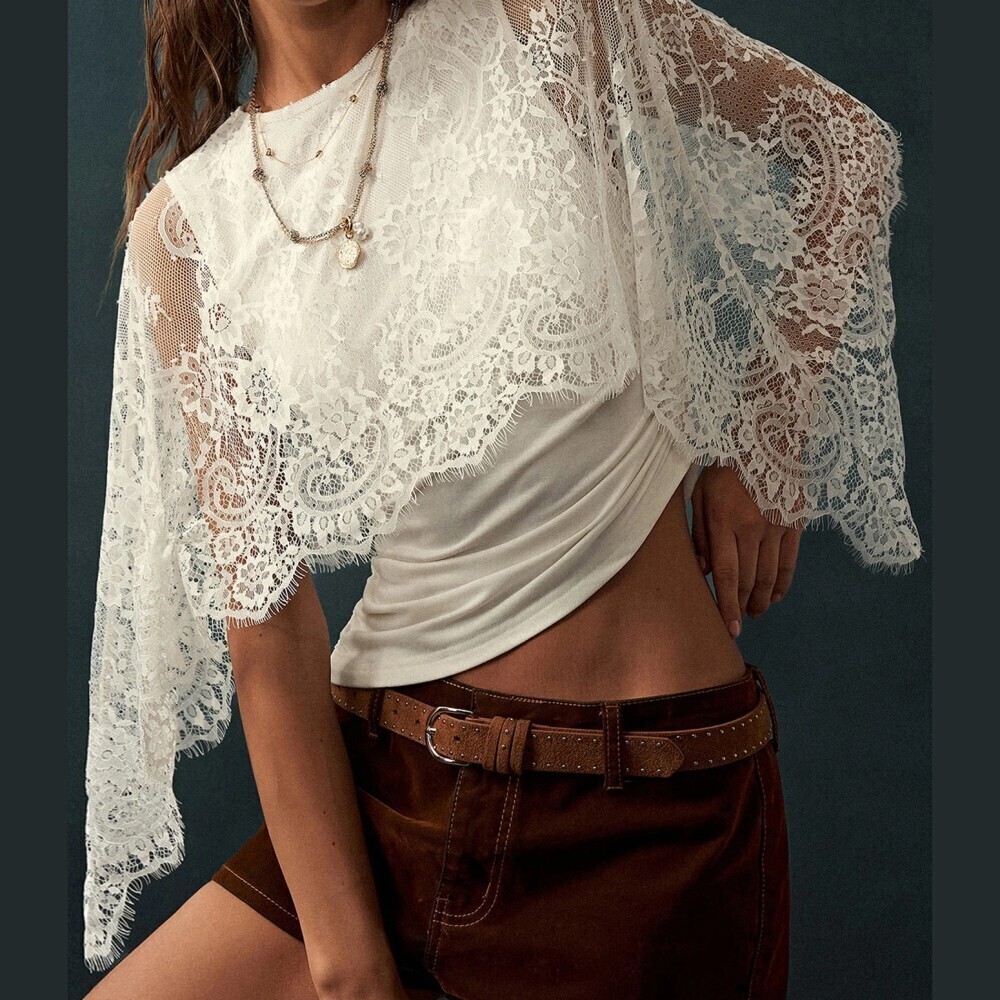 Ivory Lace Cape Overlay Blouse with Scalloped Hem